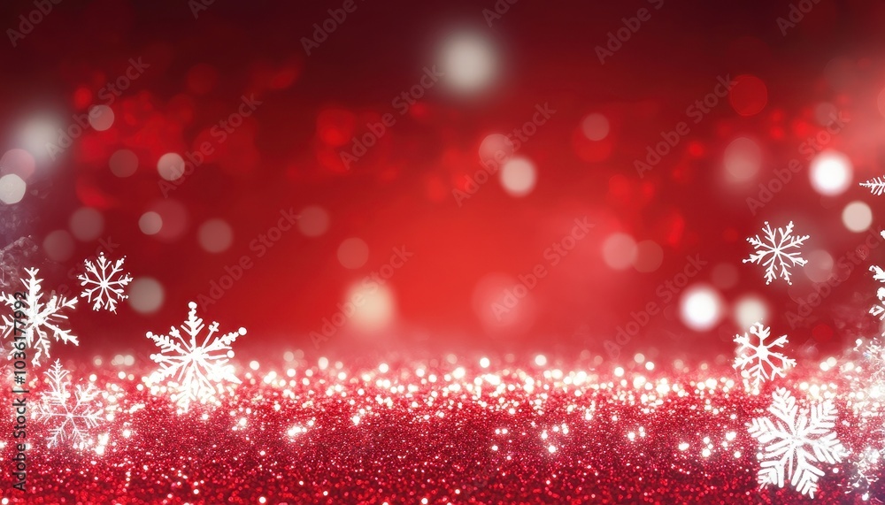 Red and white winter wonderland background with shimmering snowflakes and glitter Red and white winter wonderland background with shimmering snowflakes and glitter