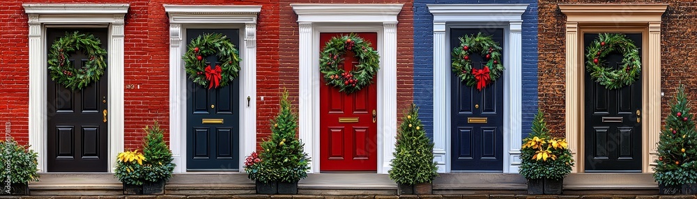 Charming Holiday Doors Adorned with Wreaths A Festive Display of Colorful Entrances in a Quaint Neighborhood