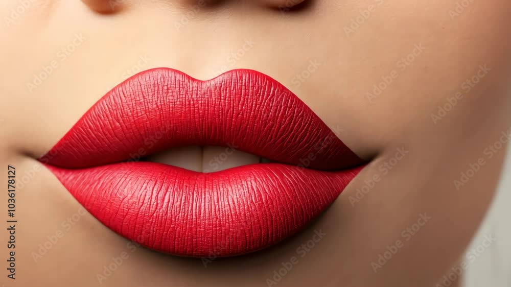A close-up of red lips, showing the smooth texture of the lipstick A close-up of red lips, showing the smooth texture of the lipstick