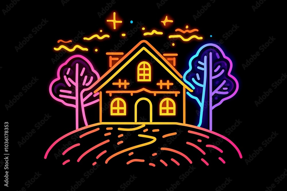 Neon house surrounded by spooky trees and glowing jack o’ lanterns set against a black background evoking a playful yet eerie Halloween night scene with vibrant neon colors Neon house surrounded by spooky trees and glowing jack o’ lanterns set against a black background evoking a playful yet eerie Halloween night scene with vibrant neon colors