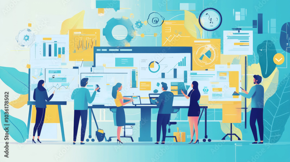 This illustration shows ways to improve work processes, manage teams, and grow businesses. It covers topics like project leadership, using waterfall or agile methods, and tools to boost productivity. This illustration shows ways to improve work processes, manage teams, and grow businesses. It covers topics like project leadership, using waterfall or agile methods, and tools to boost productivity.