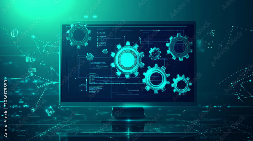 Naklejka premium This image shows a computer screen with gears on it. It represents how software can automate tasks in businesses and factories to make things work better.