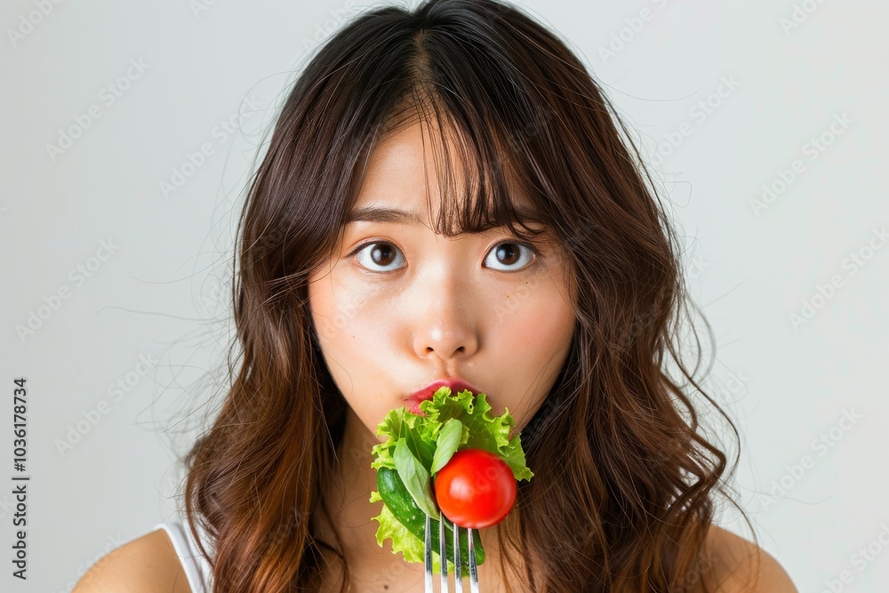 Asian woman on a diet, displeased with vegetables on her fork, white background Asian woman on a diet, displeased with vegetables on her fork, white background