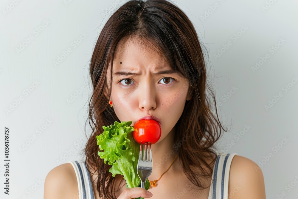 Asian woman on a diet, displeased with vegetables on her fork, white background Asian woman on a diet, displeased with vegetables on her fork, white background