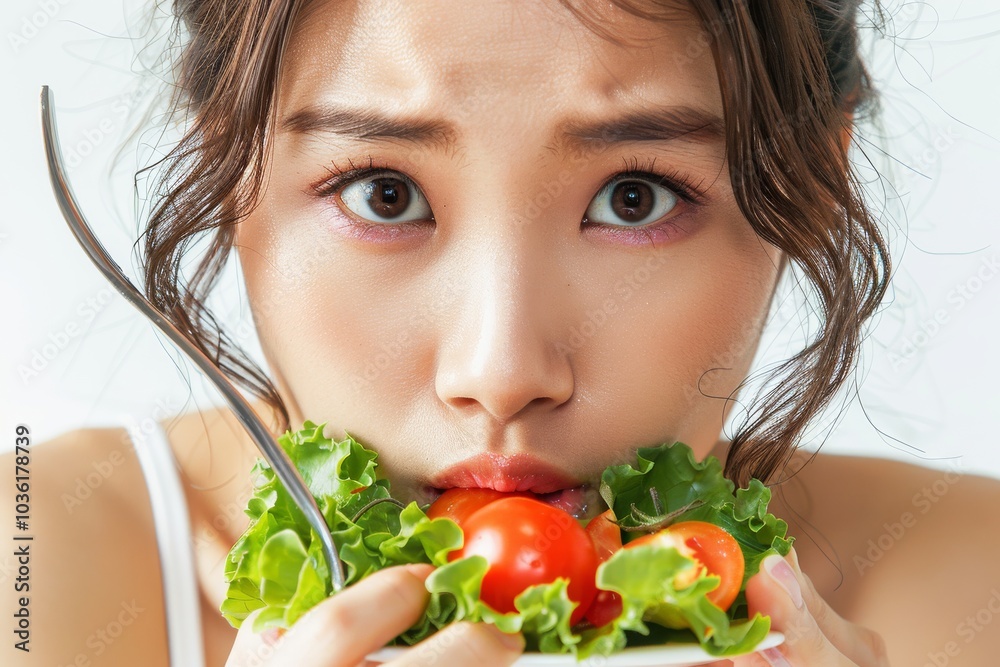 Asian woman on a diet, displeased with vegetables on her fork, white background Asian woman on a diet, displeased with vegetables on her fork, white background