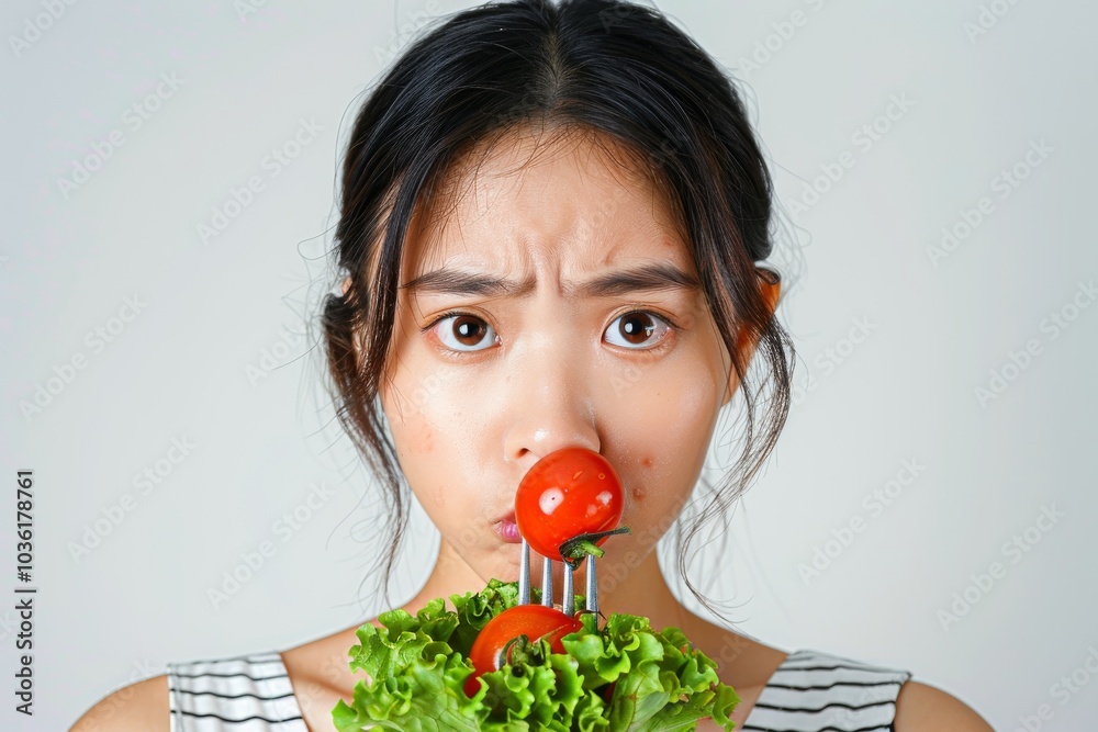 Asian woman on a diet, displeased with vegetables on her fork, white background Asian woman on a diet, displeased with vegetables on her fork, white background
