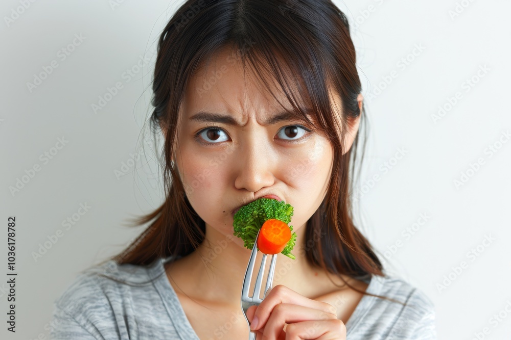 Asian woman on a diet, displeased with vegetables on her fork, white background Asian woman on a diet, displeased with vegetables on her fork, white background