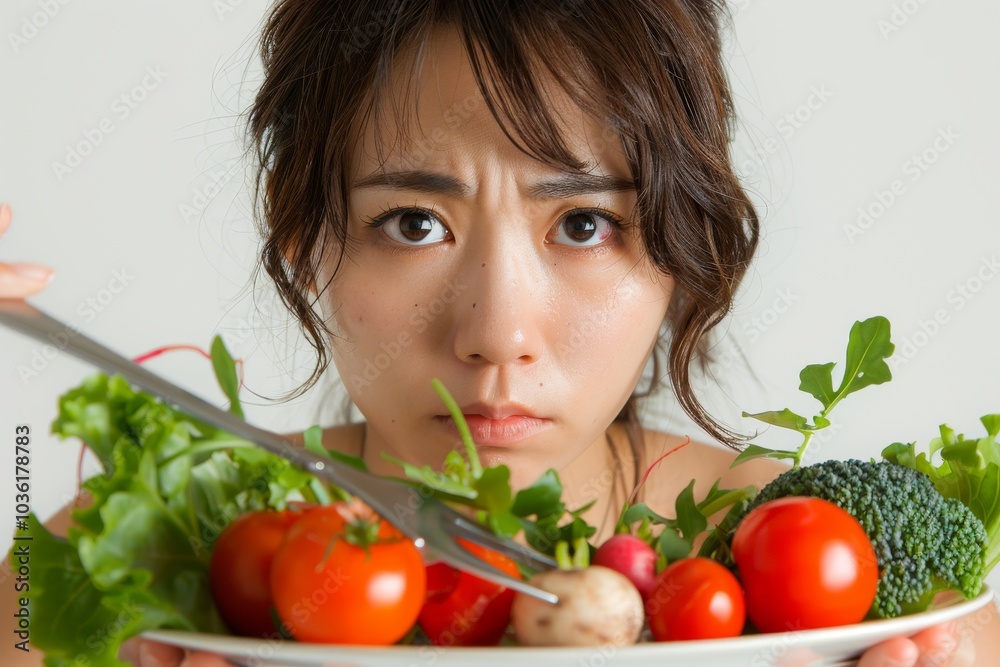 Asian woman on a diet, displeased with vegetables on her fork, white background Asian woman on a diet, displeased with vegetables on her fork, white background