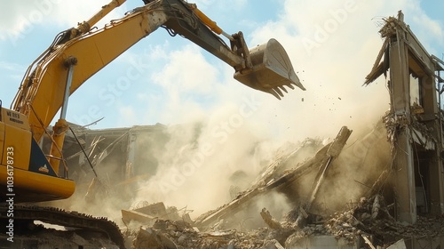 A dynamic view of a demolition crew dismantling a derelict industrial structure, Demolition site scene, Controlled and strategic style