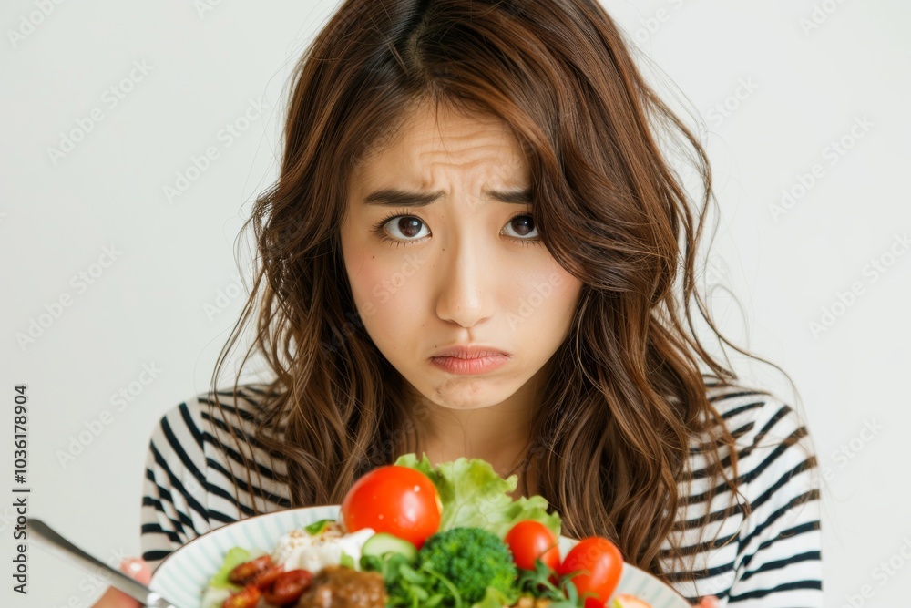 Asian woman on a diet, displeased with vegetables on her fork, white background Asian woman on a diet, displeased with vegetables on her fork, white background