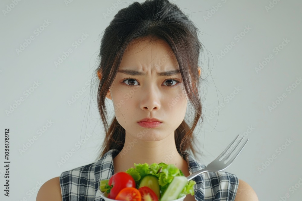 Asian woman on a diet, displeased with vegetables on her fork, white background Asian woman on a diet, displeased with vegetables on her fork, white background