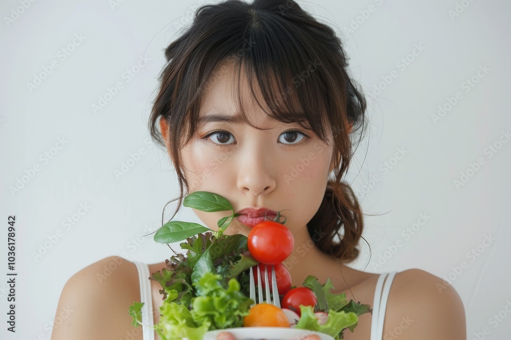 Asian woman on a diet, displeased with vegetables on her fork, white background Asian woman on a diet, displeased with vegetables on her fork, white background
