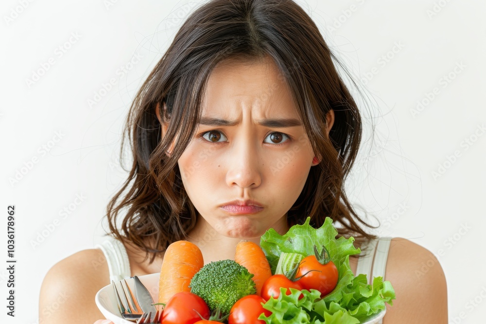 Asian woman on a diet, displeased with vegetables on her fork, white background Asian woman on a diet, displeased with vegetables on her fork, white background
