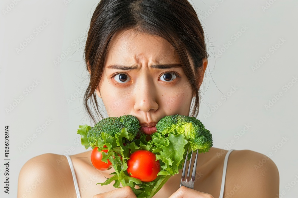 Asian woman on a diet, displeased with vegetables on her fork, white background Asian woman on a diet, displeased with vegetables on her fork, white background