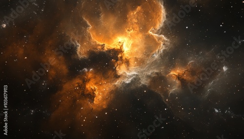 A vibrant cosmic nebula illuminated by orange and yellow hues against a dark backdrop