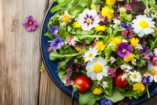 A vibrant salad with a mix of fresh greens, cherry tomatoes, and an assortment of edible flowers including daisies and pansies, a blue plate against a rustic wooden background. Pretty decorated food