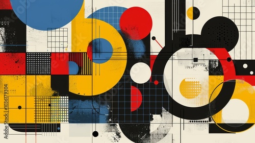 Abstract geometric Bauhaus poster with circles, squares, and triangles. Primary colors and clean lines. Minimalist design. Vector art