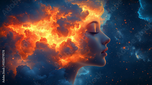 Surreal digital art of a woman with a cosmic silhouette, ideal for themes of introspection, creativity, and spirituality, suitable for art galleries or mindfulness events.