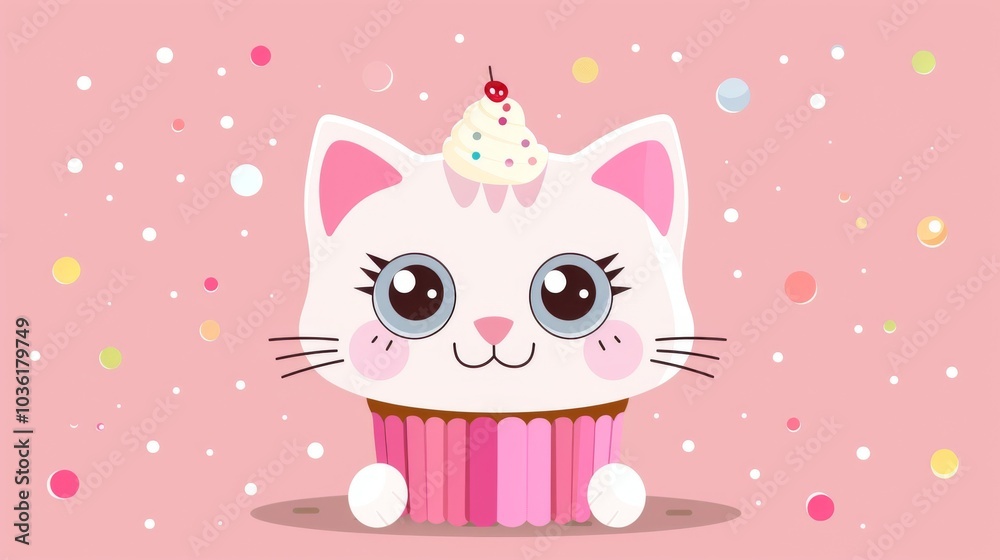 Cartoon cat face with a cupcake, sweet treat background Cartoon cat face with a cupcake, sweet treat background