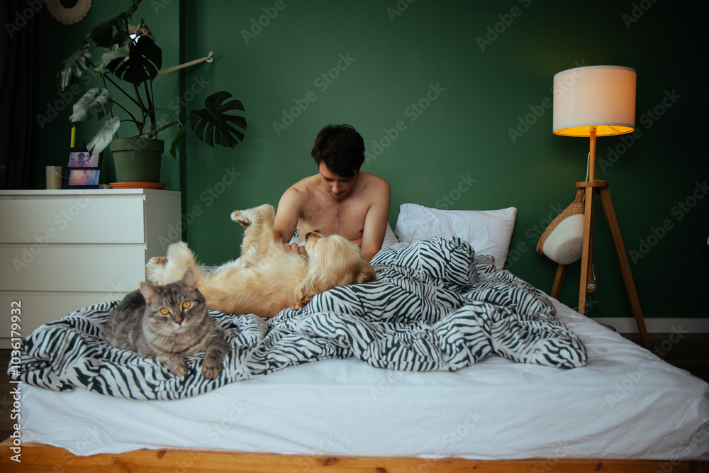 A young man sits in bed during a peaceful morning, petting a golden dog while a fluffy gray cat lies beside him. A heartwarming moment of relaxation and companionship with pets.
