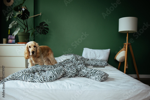 A light-colored Cocker Spaniel stands on zebra print bedding, gazing directly at the camera. The vibrant green wall creates a fresh backdrop, highlighting the dog's playful charm.