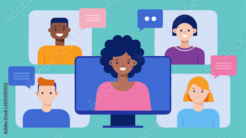 Virtual Meeting A group of diverse people on a video call with one participant using speechtotext technology. Captions appear on the screen as they speak.