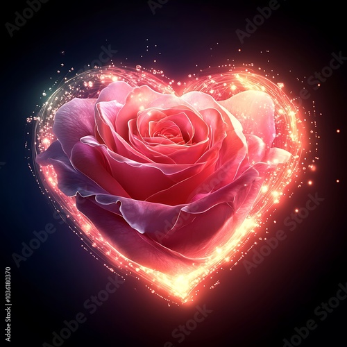 Radiant pink rose glows beautifully within heart shape photos photo