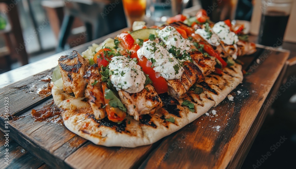 Grilled chicken platter served on a wooden board at a casual restaurant
