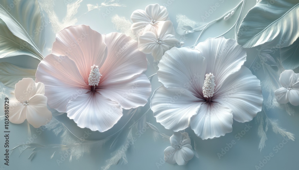Delicate pastel hibiscus flowers bloom gracefully in serene botanical art display Delicate pastel hibiscus flowers bloom gracefully in serene botanical art display