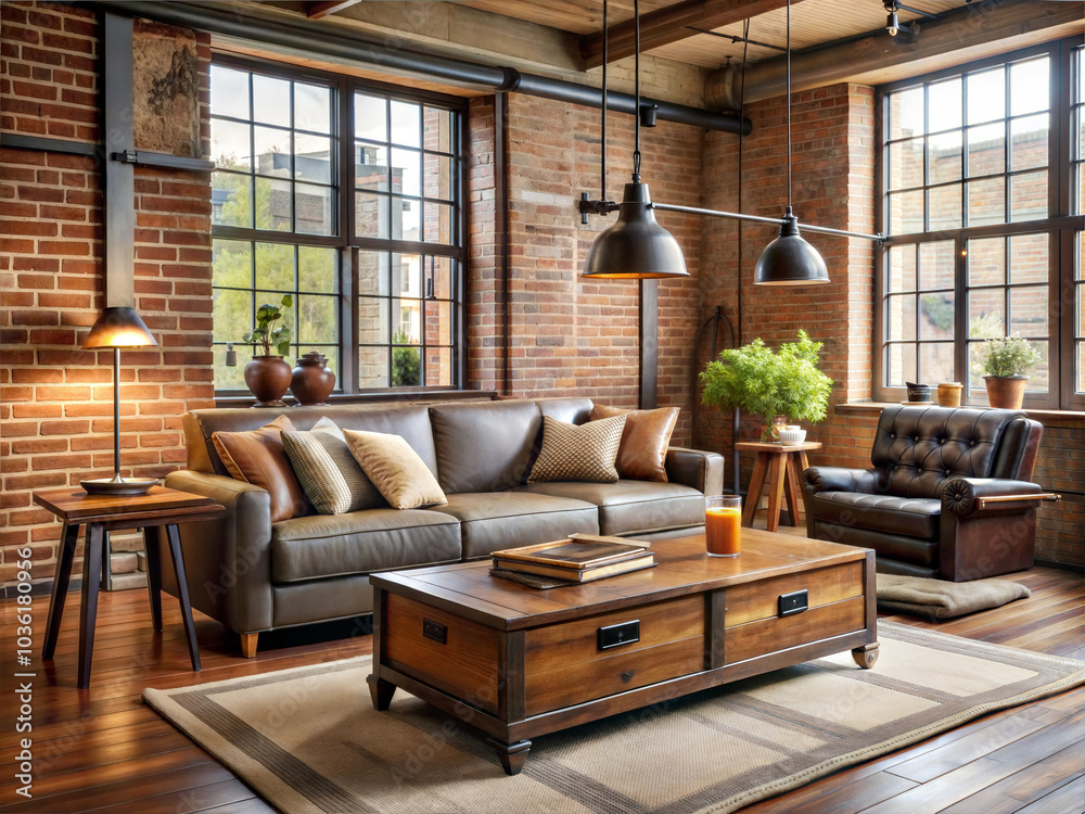 An industrial living room with rustic touches An industrial living room with rustic touches