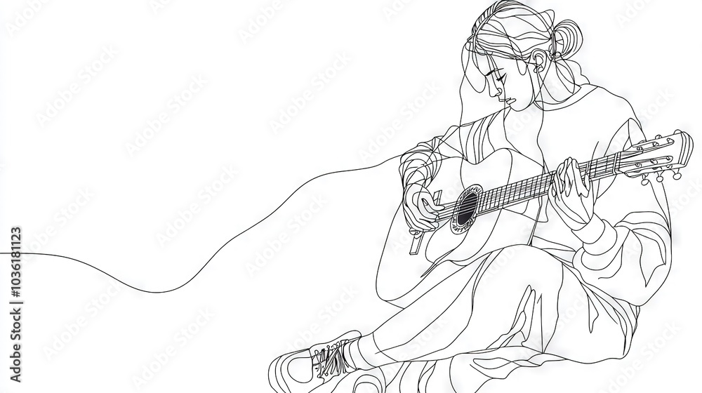Fototapeta premium A black-and-white illustration depicts a lady strumming a guitar, with her legs wide open and a string positioned in front of her