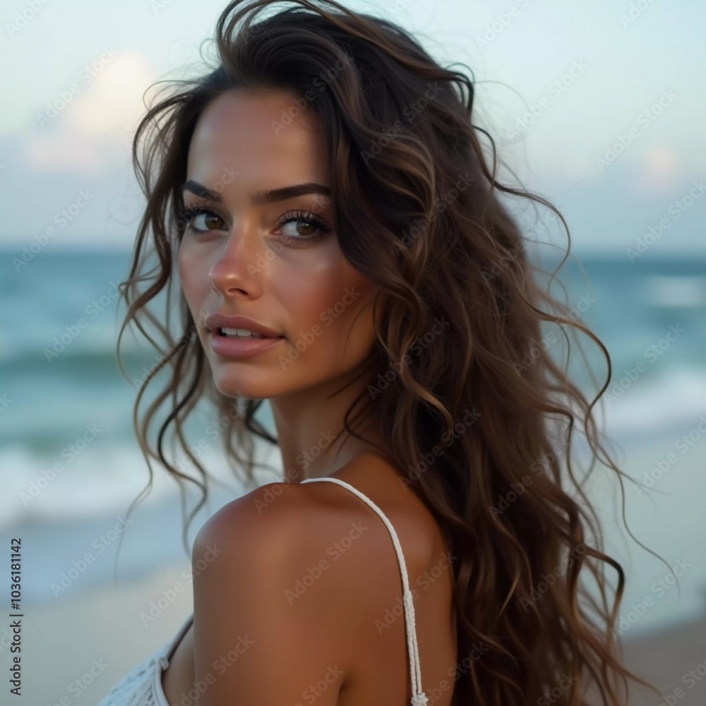 A brunette woman in a swimsuit gazes back while standing near the shoreline. Gentle sea waves lap at her feet under a clear blue sky. Long hair, beautiful young face. Travel and clothing adverts. AI A brunette woman in a swimsuit gazes back while standing near the shoreline. Gentle sea waves lap at her feet under a clear blue sky. Long hair, beautiful young face. Travel and clothing adverts. AI