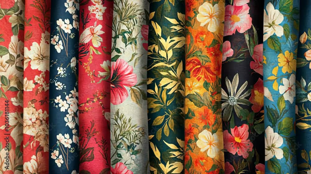 A close-up of various fabric rolls with different floral patterns, showcasing a variety of colors and styles A close-up of various fabric rolls with different floral patterns, showcasing a variety of colors and styles