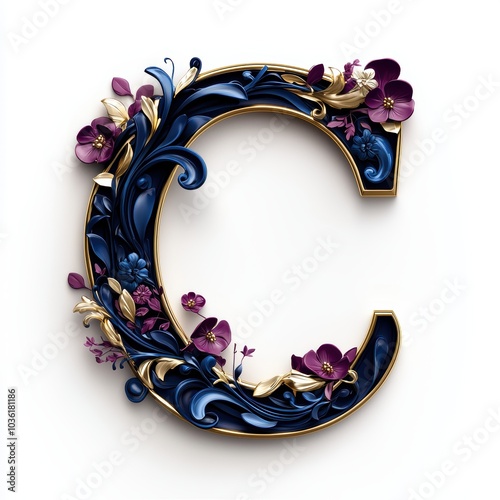 Elegant 3D Letter C with Floral Decoration in Gold and Navy