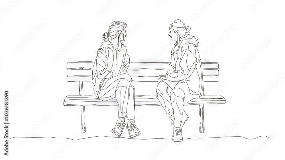 A monochromatic illustration of two individuals seated on a bench, one of them clutches a mobile device A monochromatic illustration of two individuals seated on a bench, one of them clutches a mobile device