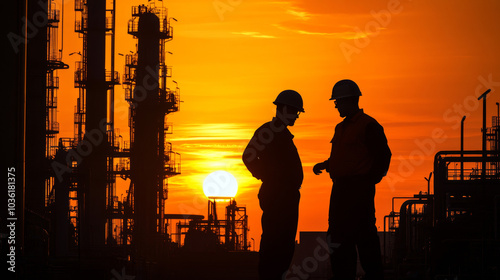 Two workers, an engineer and a foreman, are silhouetted against the setting sun as they work at an oil refinery.