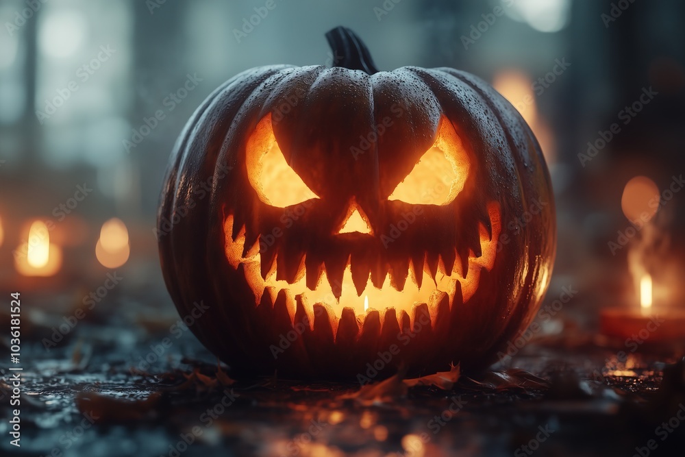 Fototapeta premium Creepy grinning jack o lantern pumpkin with burning candle inside. Flaming face scatters fire and sparks against gloomy background. Halloween template with copy space for banner, poster, greeting card