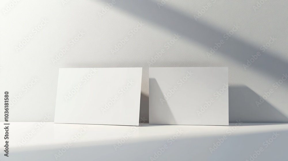Two blank business cards on a minimalist surface with soft lighting. Two blank business cards on a minimalist surface with soft lighting.