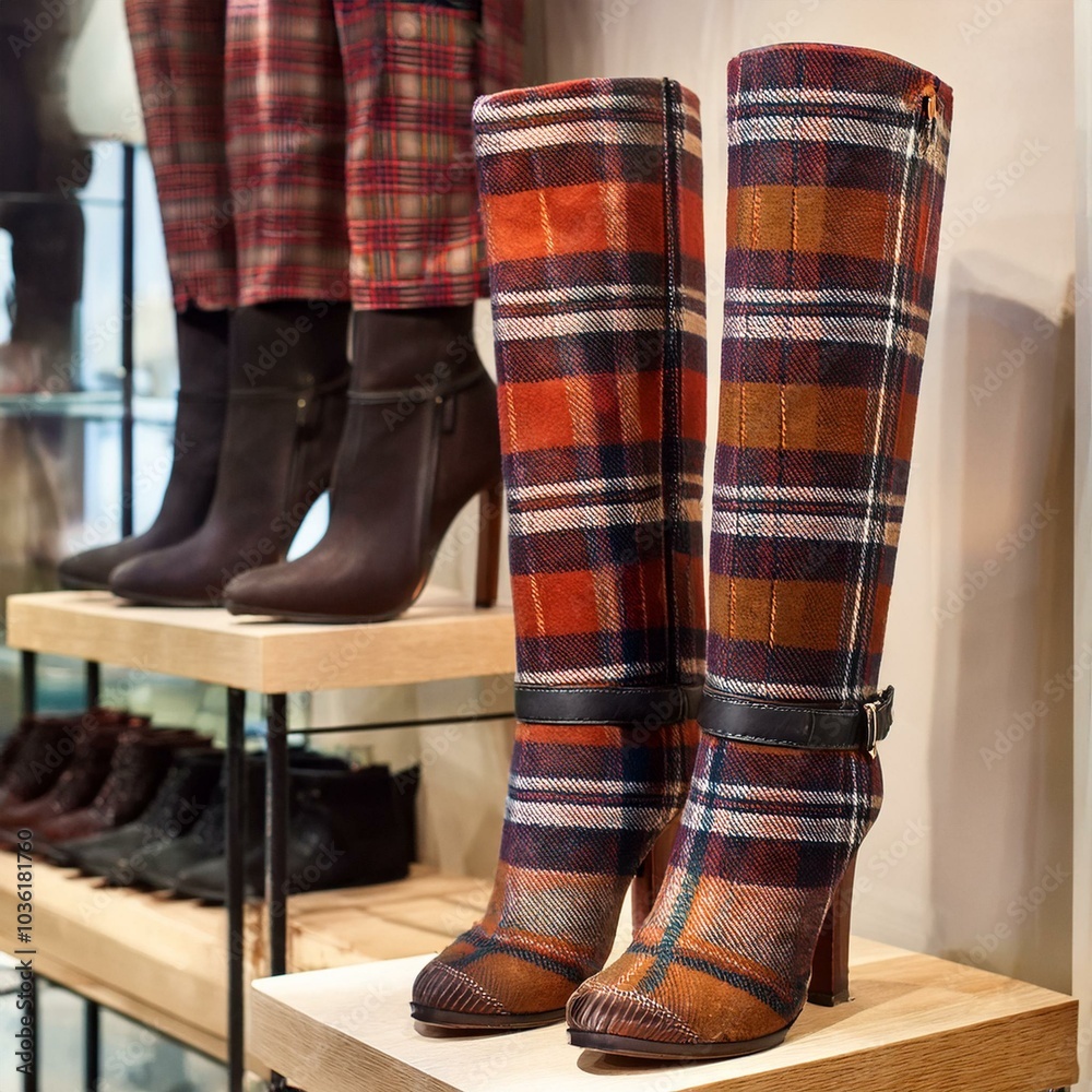 womenswear, red tartan textile pattern heeled-boots, AI generate womenswear, red tartan textile pattern heeled-boots, AI generate
