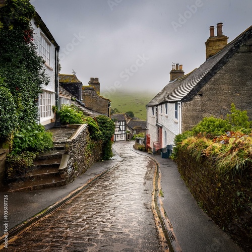 steep street in a traditional village on the hills in the UK, AI