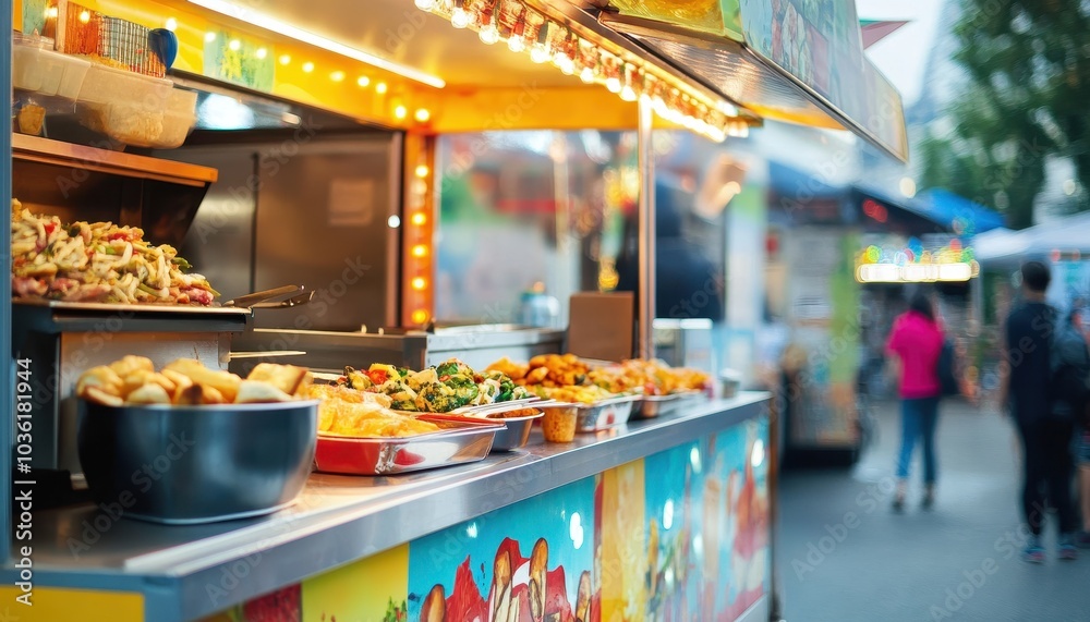 Vibrant food truck serving diverse dishes at a lively evening market