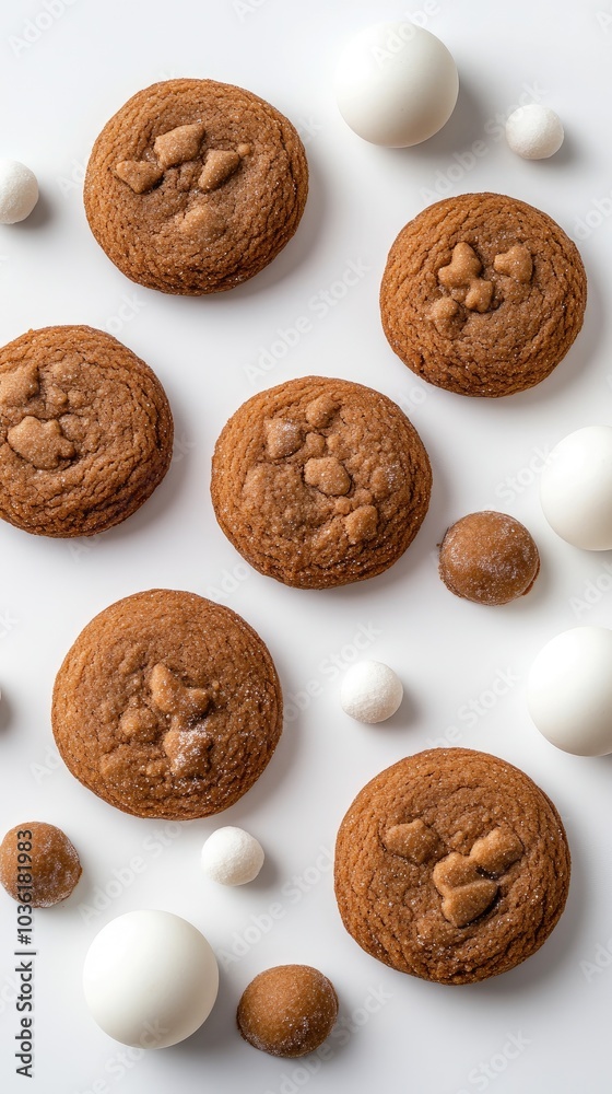 An assortment of gingerbread cookies in white and brown colors arranged artistically, creating a festive and inviting display on a light grey surface An assortment of gingerbread cookies in white and brown colors arranged artistically, creating a festive and inviting display on a light grey surface
