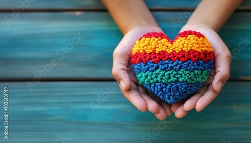 Hands holding a colorful crocheted heart on a wooden surface