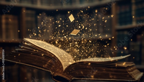 Wallpaper Mural Magical spell book floating with golden particles in an ancient library Torontodigital.ca
