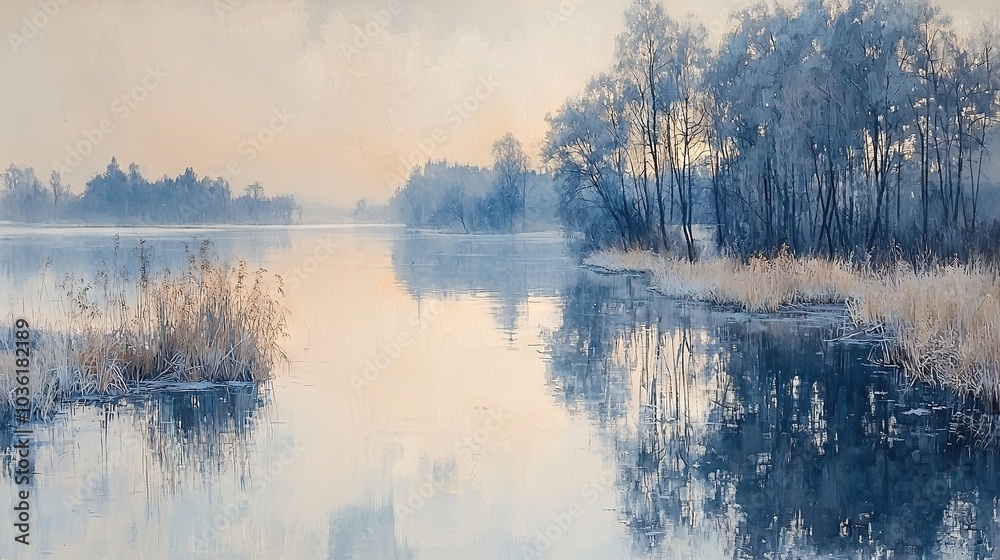 Fototapeta premium A water scene with trees, grass, and misty sky