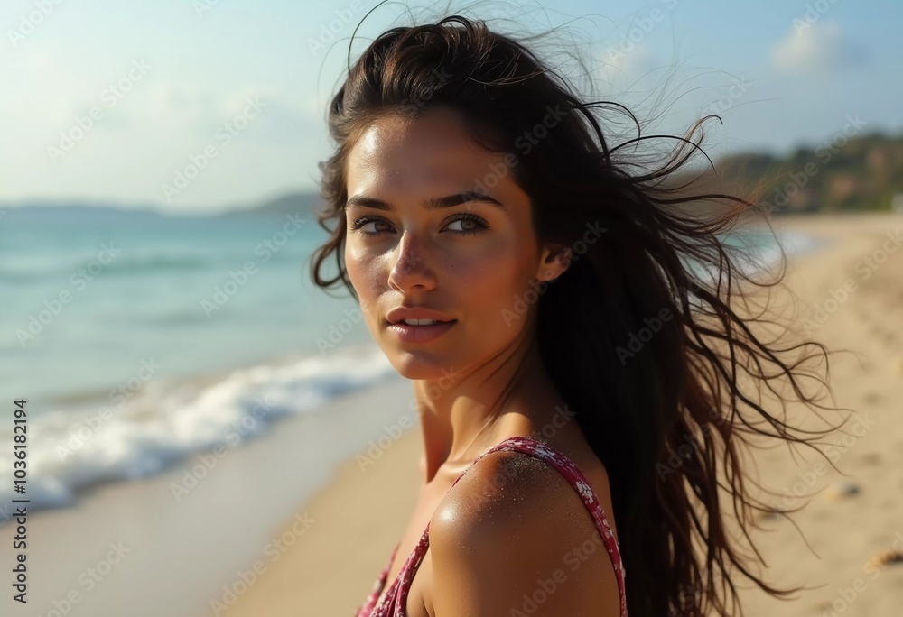 A brunette woman in a swimsuit gazes back while standing near the shoreline. Gentle sea waves lap at her feet under a clear blue sky. Long hair, beautiful young face. Travel and clothing adverts. AI A brunette woman in a swimsuit gazes back while standing near the shoreline. Gentle sea waves lap at her feet under a clear blue sky. Long hair, beautiful young face. Travel and clothing adverts. AI