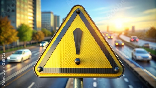 Yellow warning sign displaying an exclamation point on a city street with cars driving by