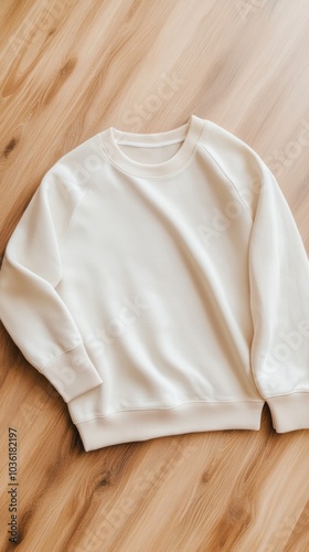 Cream-colored sweatshirt on wooden floor exudes cozy and minimalist style, AI