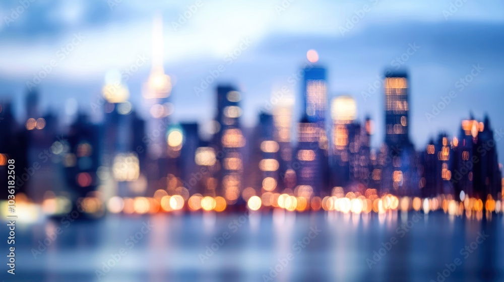 Blurred city skyline at dusk, showcasing lights reflecting on water.