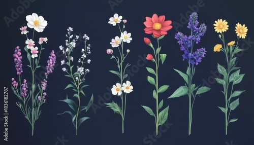 Colorful botanical illustration of various flowers against a dark background